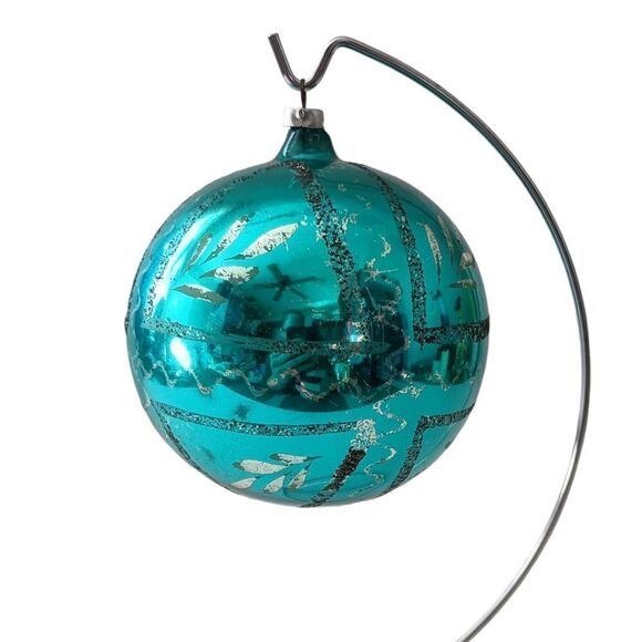 Mercury Glass Ball Ornament Blue West Germany LARGE Handblown 925 Silver Glitter - Picture 9 of 14